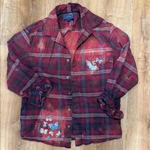 Upcycled Red Plaid Flannel Button-Up with Butterfly /Heart Accents Size Large